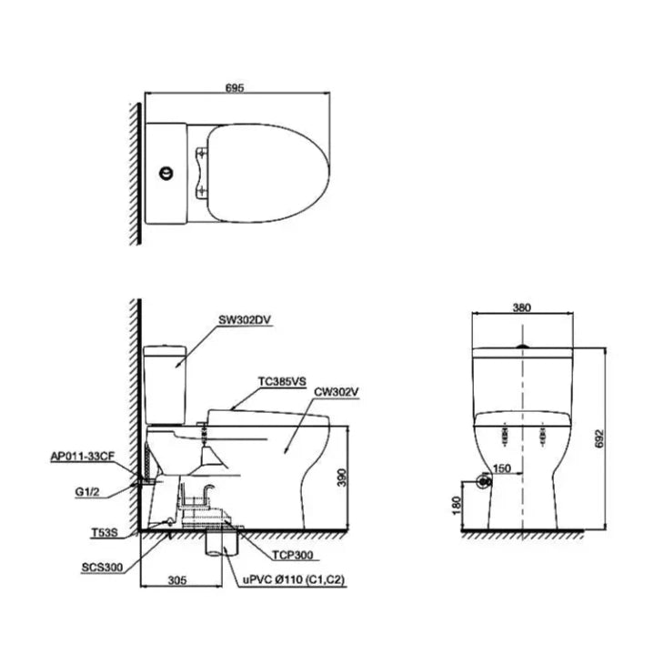 Ban ve Bàn cầu TOTO 2 khối CS302DT3#W