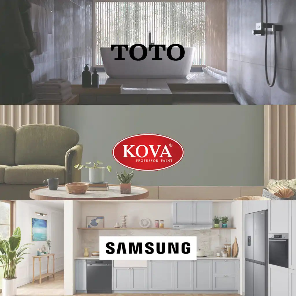 Một bức tranh ghép hình hiển thị ba logo thương hiệu nội thất gia đình: TOTO, KOVA và Samsung.