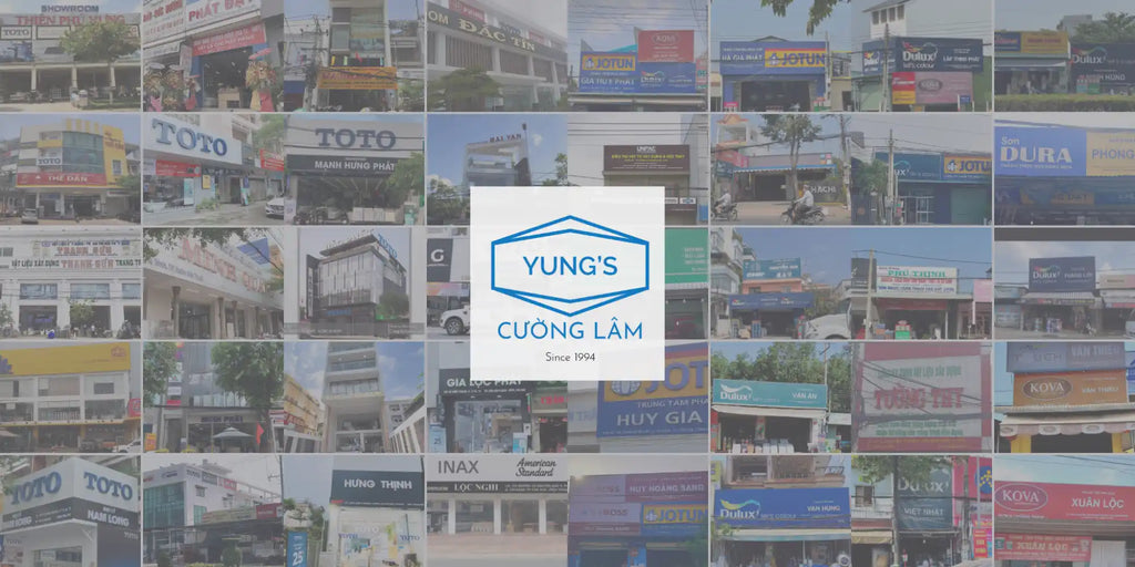 Bộ sưu tập biển hiệu cửa hàng và mặt tiền doanh nghiệp với logo hình lục giác màu xanh lam ở trung tâm.