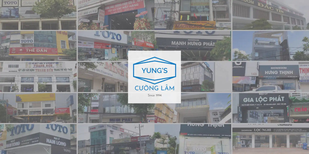 Bảng ghép các biển hiệu cửa hàng và mặt tiền kinh doanh Việt Nam với logo trung tâm 'Yuno'.