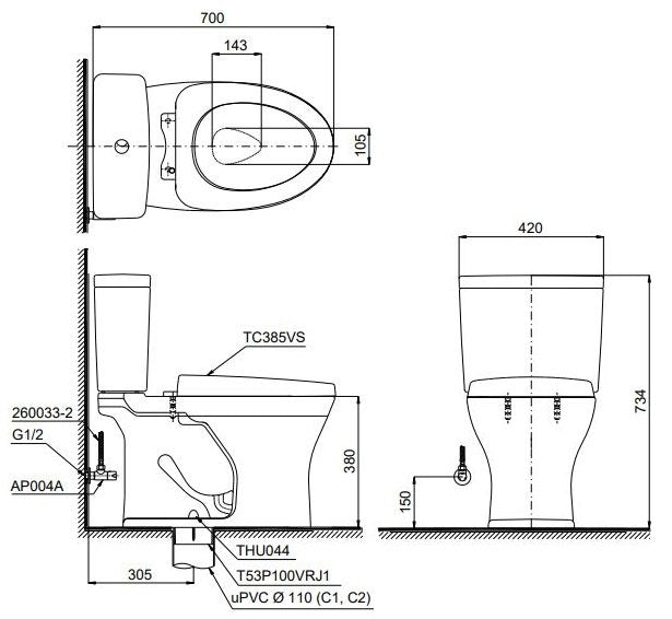 Bồn Cầu TOTO CS735DT3 Hai Khối Nắp TC385VS