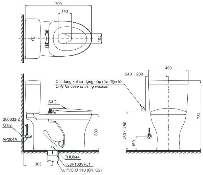 Bồn Cầu TOTO CS735DT8 Hai Khối Nắp TC600VS