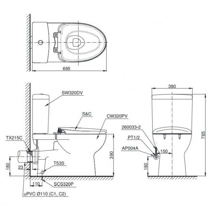 Bồn Cầu 2 Khối TOTO CS320PDRT8 Nắp TC600VS Thoát Ngang