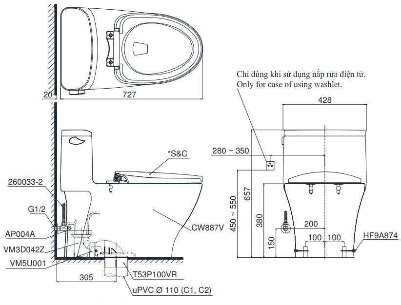 MS887CRW12#XW - Bàn cầu một khối kèm nắp rửa điện tử WASHLET