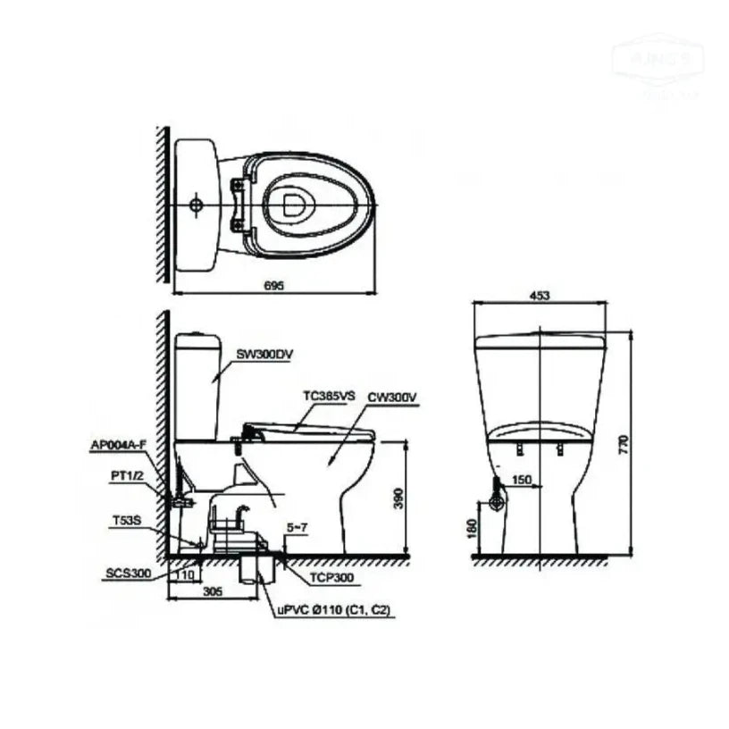 Ban ve Bàn Cầu TOTO Hai Khối Cs300Dt2Y1#W 