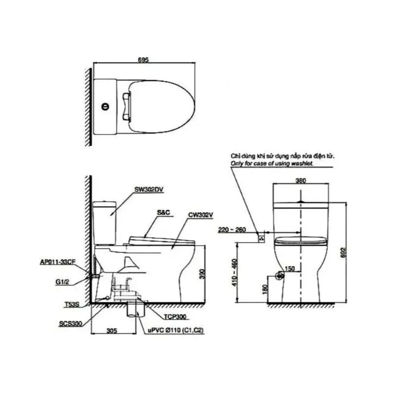 ban ve Bàn Cầu Hai Khối TOTO Cs302De2#W Nắp  Tc385Vs