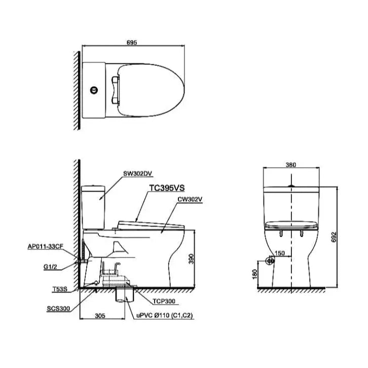 ban ve  Bàn Cầu TOTO Hai Khối Cs302Dt10#W