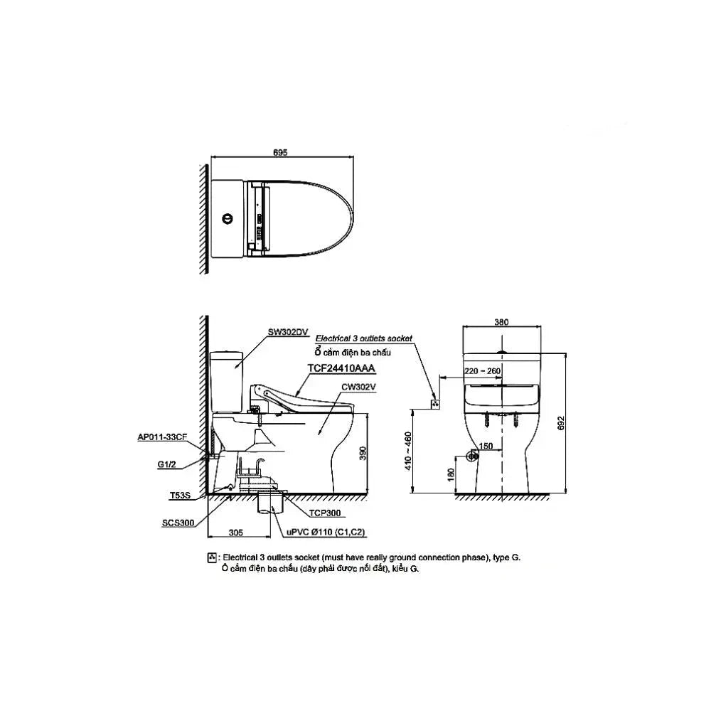 Bàn cầu 2 khối CS302DW14#W | Thiết Bị Vệ Sinh TOTO