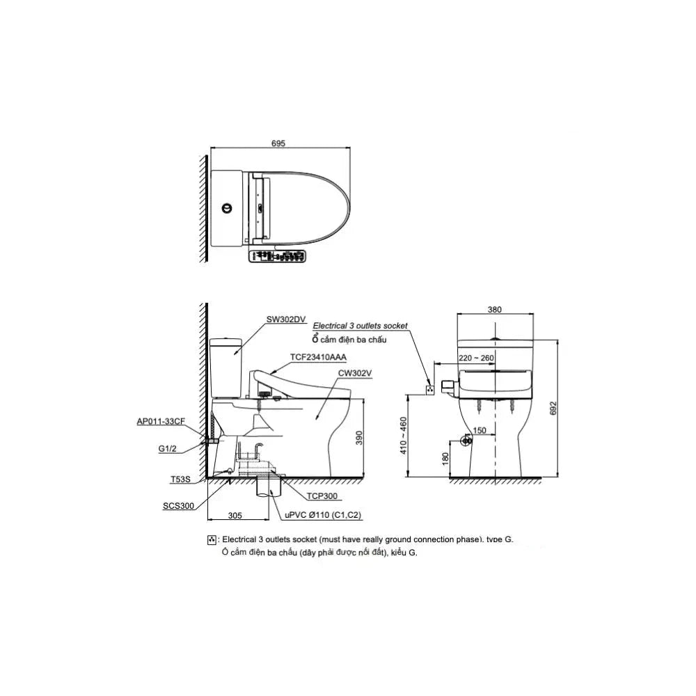 Bàn cầu 2 khối CS302DW16#W | Thiết Bị Vệ Sinh TOTO