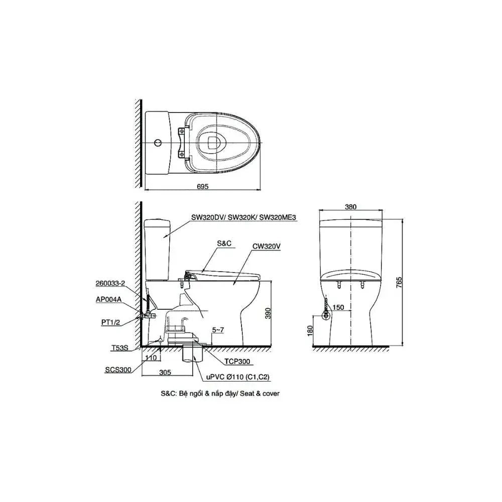 Cs320Drw16#W Bàn Cầu Hai Khối