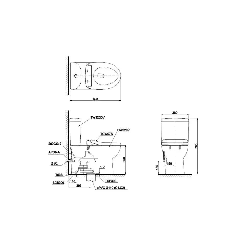 Cs325Dre2#W Bàn Cầu Hai Khối