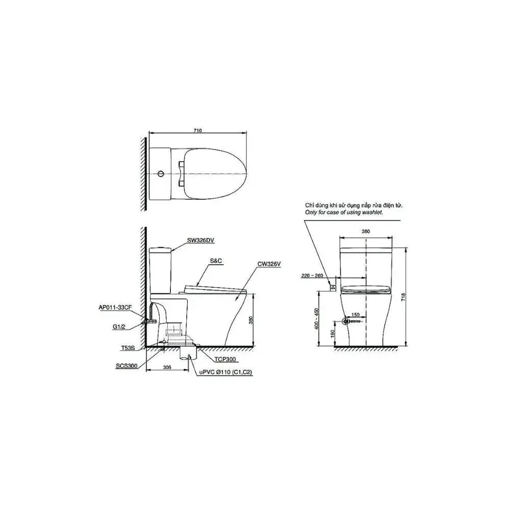 Bàn cầu 2 khối CS326DW11#XW | Thiết Bị Vệ Sinh TOTO