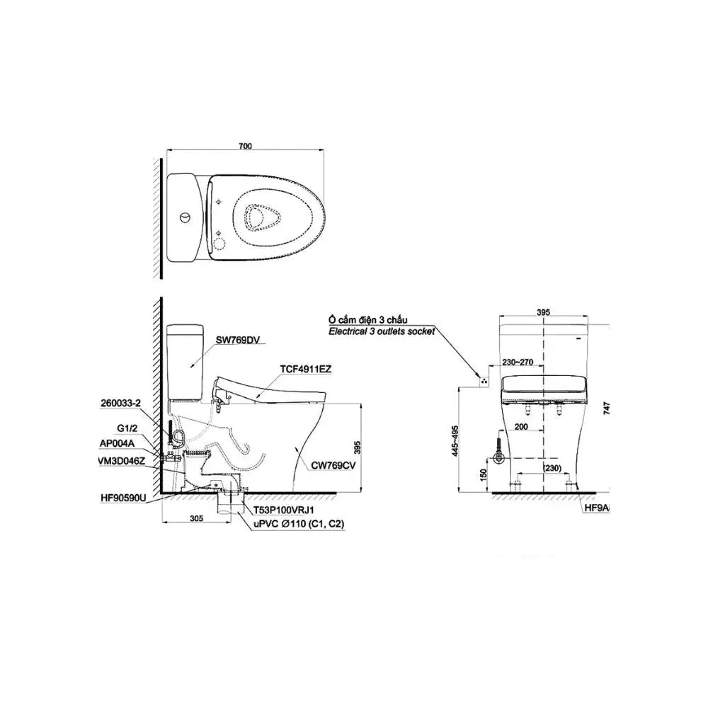 Bàn cầu 2 khối CS767CRW12#XW | Thiết Bị Vệ Sinh TOTO