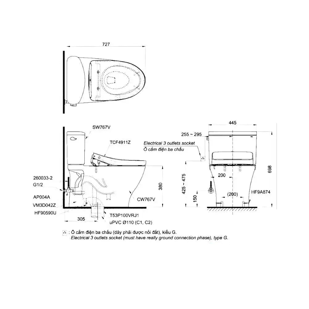 Bàn cầu 2 khối CS767RW11#XW | Thiết Bị Vệ Sinh TOTO