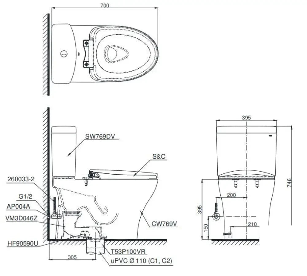 Cs769Drt3#Xw Bàn Cầu Hai Khối Nắp Đóng Êm Tc385Vs