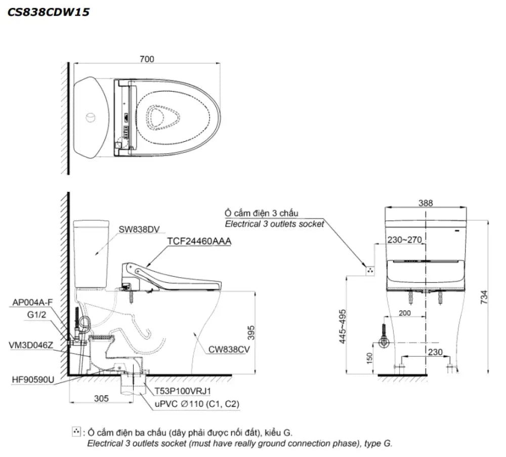 Cs838Cdw15#Xw Bàn Cầu Hai Khối