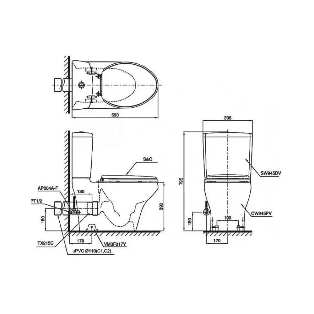 Bàn cầu 2 khối CS945PDT10#XW | Thiết Bị Vệ Sinh TOTO