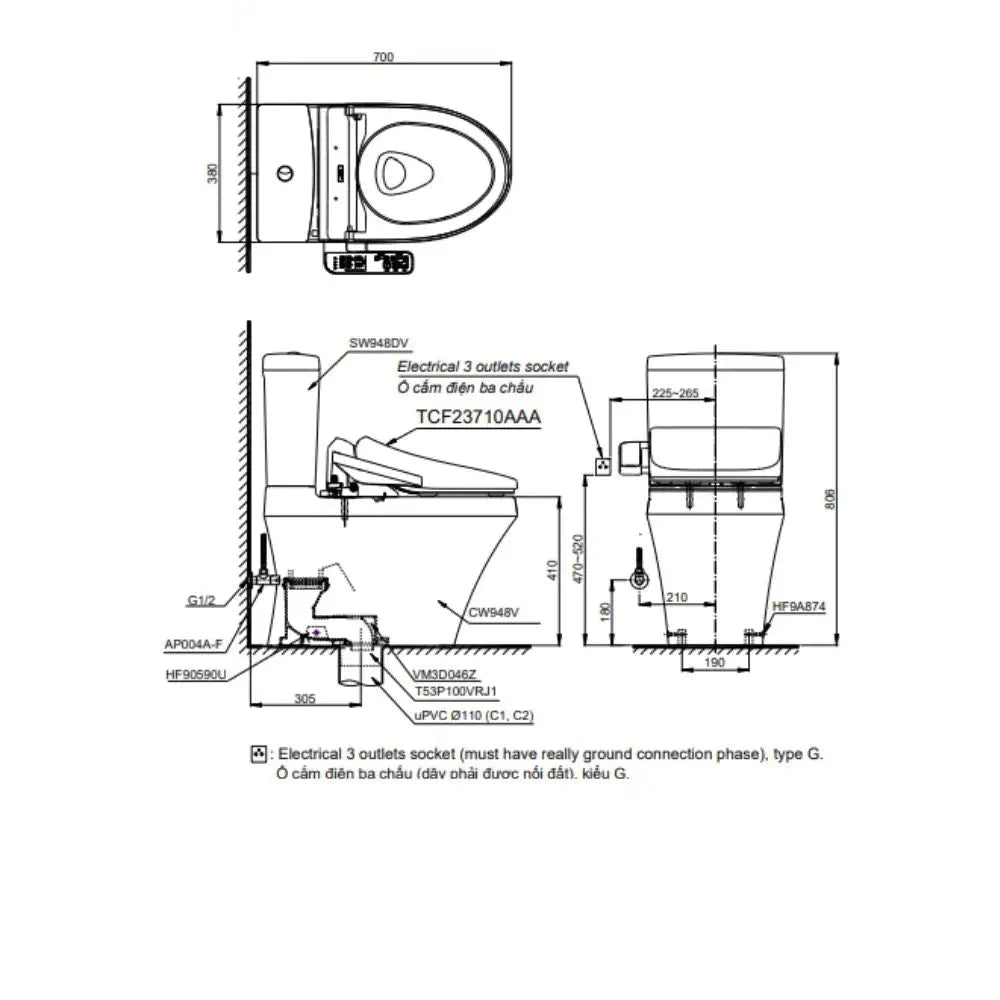 Bồn Cầu Điện Tử TOTO CS948DW18 Nắp Rửa Washlet TCF23710AAA C2 Simple