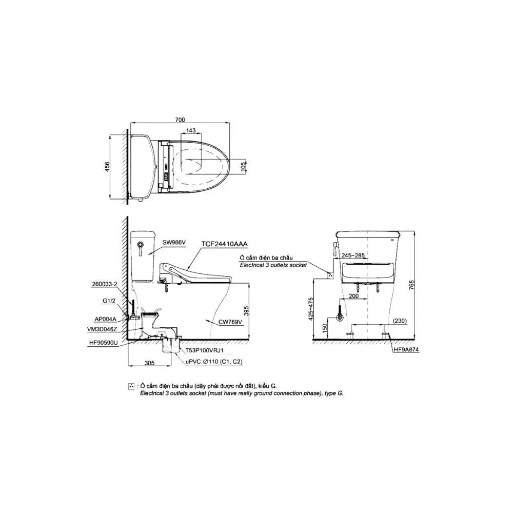 Cs986Gw14#Xw Bàn Cầu Hai Khối