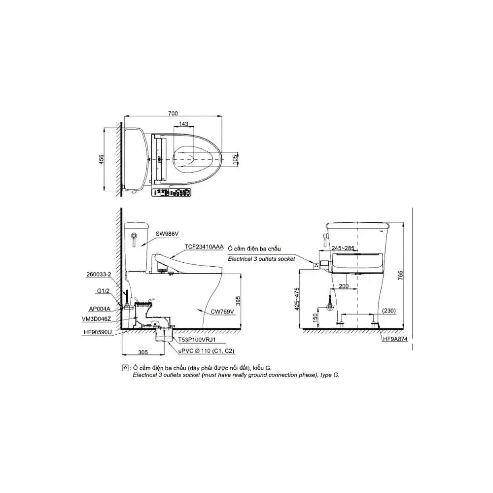 Cs986Gw16#Xw Bàn Cầu Hai Khối