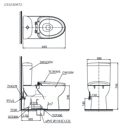 Bồn Cầu Hai Khối TOTO CS325DRT2 Nắp TC393VS