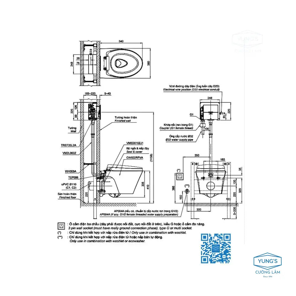 Bàn cầu treo tường CW812RA CW822RFVA1 TREF35L2A WH005A TC600VS | Thiết…