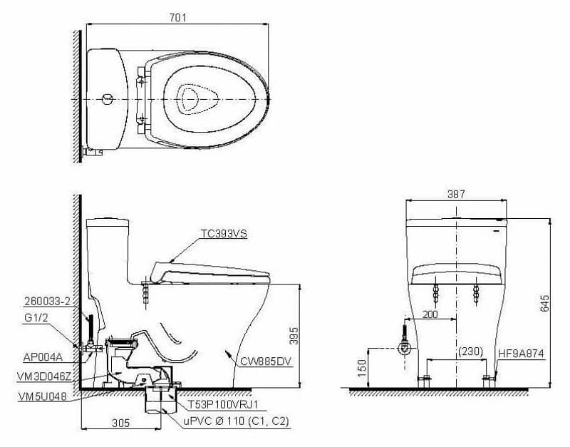 Hình ảnh 2D bồn vệ sinh một khối, nắp bồn cầu đóng êm nhẹ TC393VS