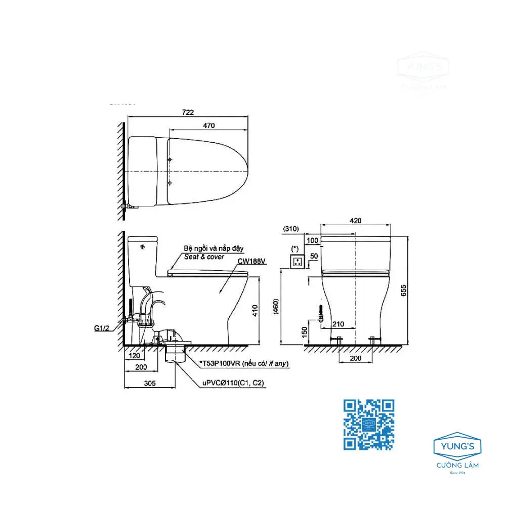 Bàn cầu 1 khối MS188VKW6#XW T53P100VR T53P100VR | Thiết Bị Vệ Sinh TOT…