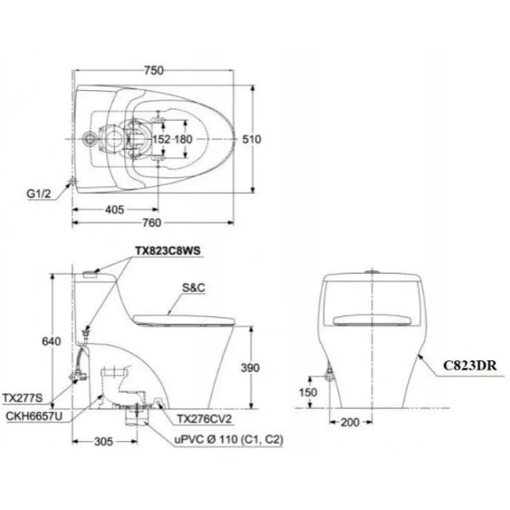 Ms823Dre4#Xw Bàn Cầu Một Khối