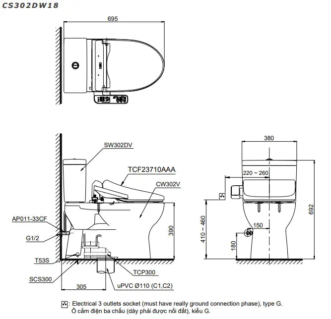 Bồn Cầu Điện Tử TOTO CS302DW18 Nắp Rửa Washlet TCF23710AAA C Simple