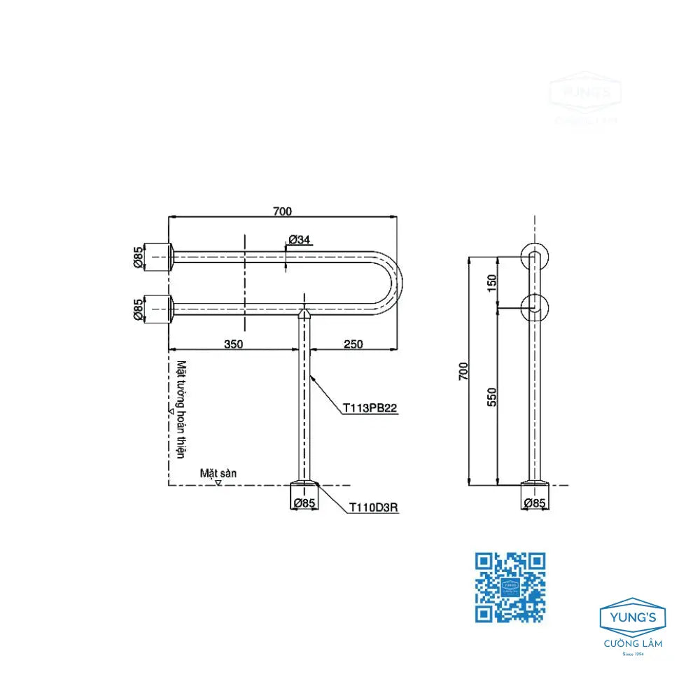 Thanh tay vịn chữ P T113BP22 T110D3R(x3) | Thiết Bị Vệ Sinh TOTO