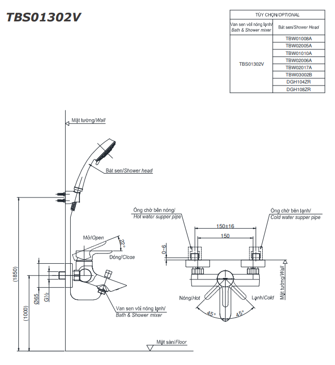 TBS01302V TBW07012A - Sen tắm gắn tường