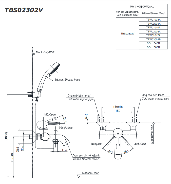 TBS02302V TBW07012A - Sen tắm gắn tường