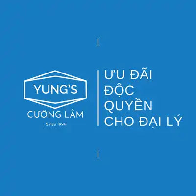 Biểu tượng hình lục giác màu trắng với chữ 'YUNG'S' và chữ tiếng Việt trên nền xanh.