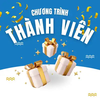 Những hộp quà màu trắng với ruy băng và nơ vàng bay cùng với dòng chữ tiếng Việt 'CHƯƠNG TRÌNH THÀNH VIÊN'