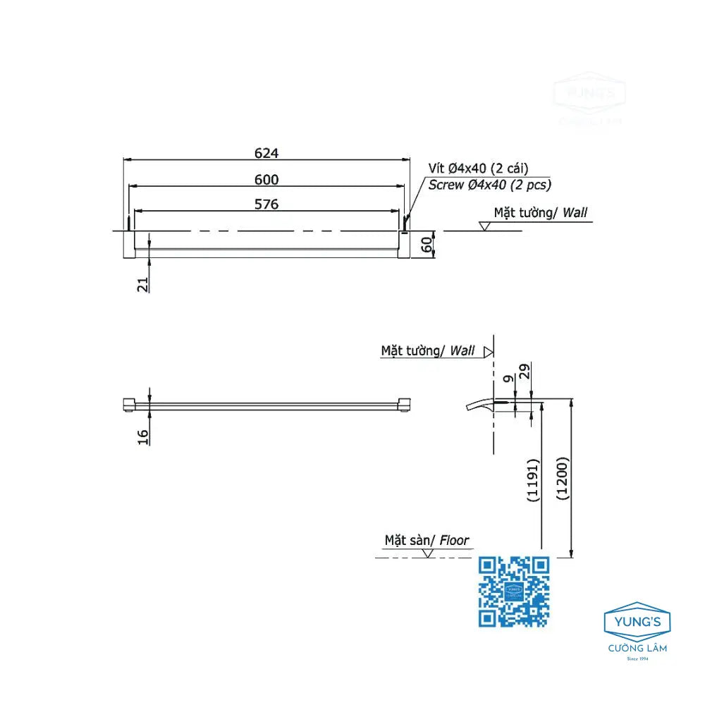 Thanh vắt khăn đơn YT903S6V | Thiết Bị Vệ Sinh TOTO